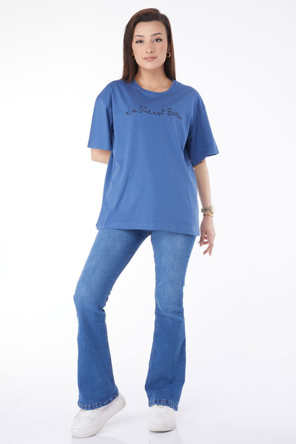 Kısa Kollu Baskılı T-shirt Mavi - 24646 MAVİ
