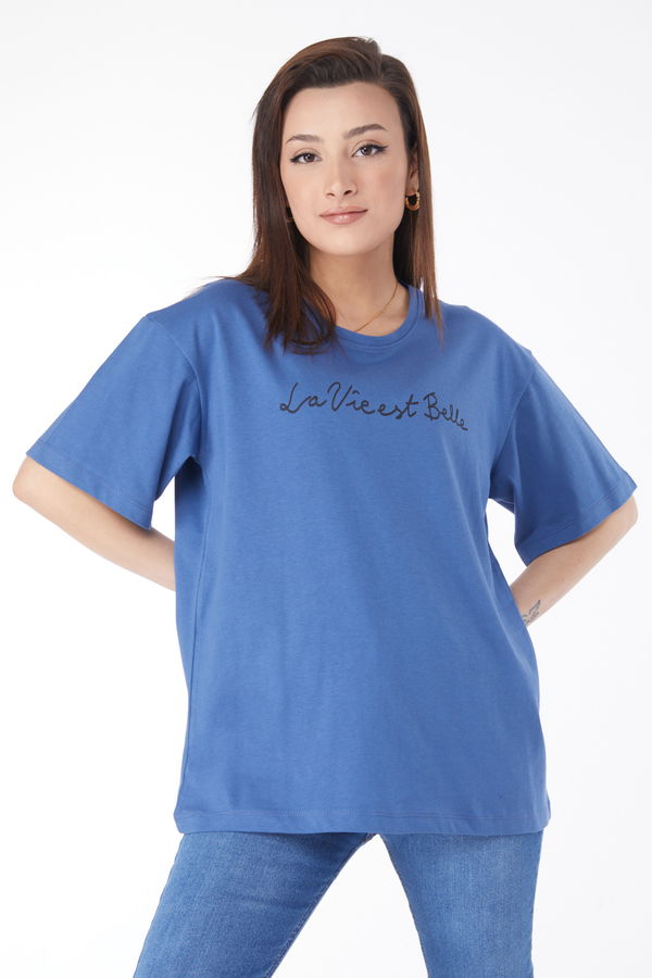 Kısa Kollu Baskılı T-shirt Mavi - 24646 MAVİ