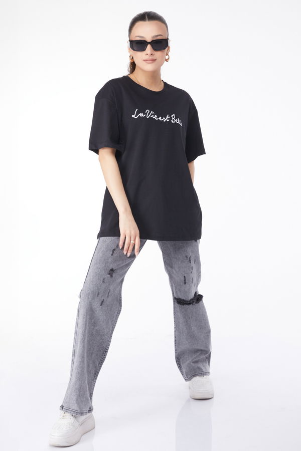 Kısa Kollu Baskılı T-shirt Siyah - 24646 SİYAH