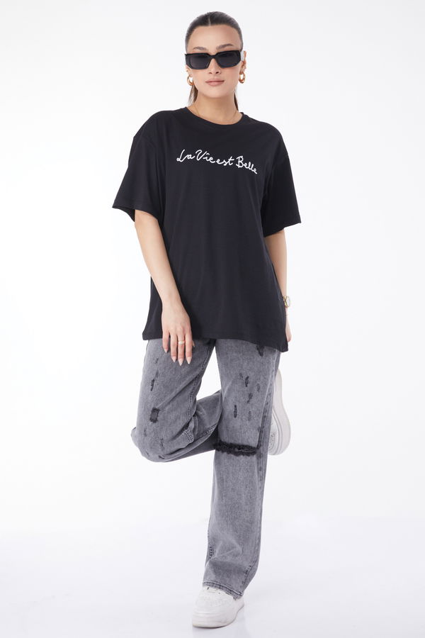 Kısa Kollu Baskılı T-shirt Siyah - 24646 SİYAH