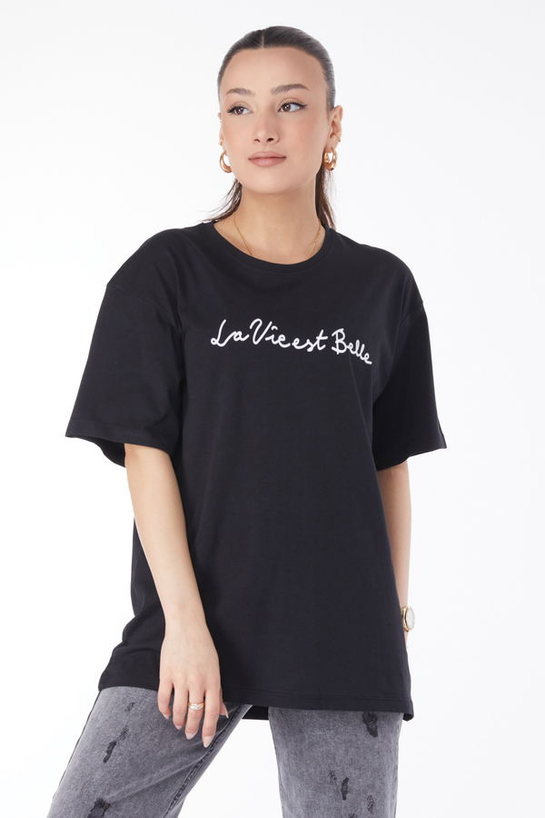 Kısa Kollu Baskılı T-shirt Siyah - 24646 SİYAH