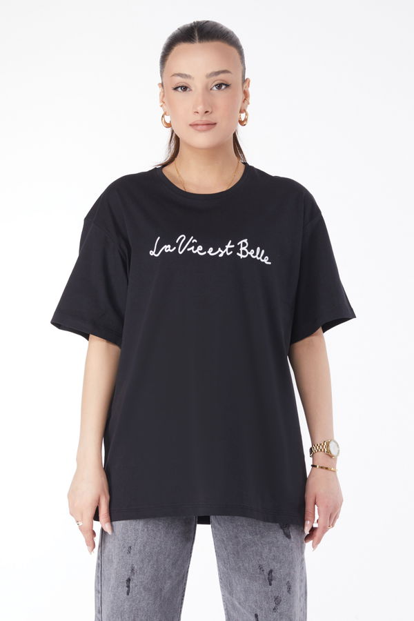 Kısa Kollu Baskılı T-shirt Siyah - 24646 SİYAH