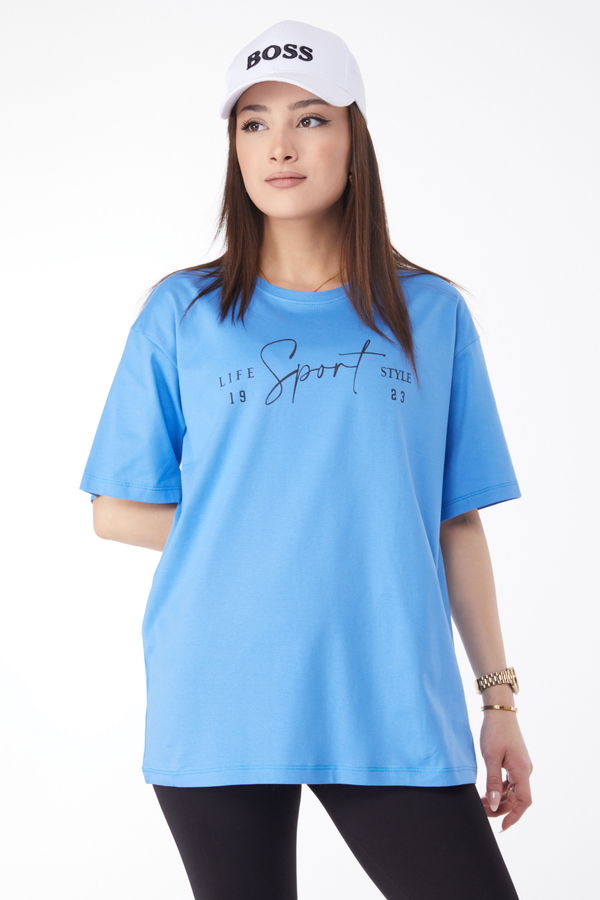 Kısa Kollu Baskılı T-shirt Mavi - 24649