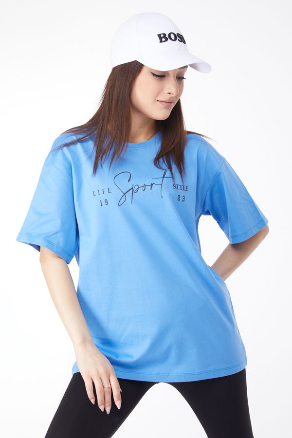 Kısa Kollu Baskılı T-shirt Mavi - 24649