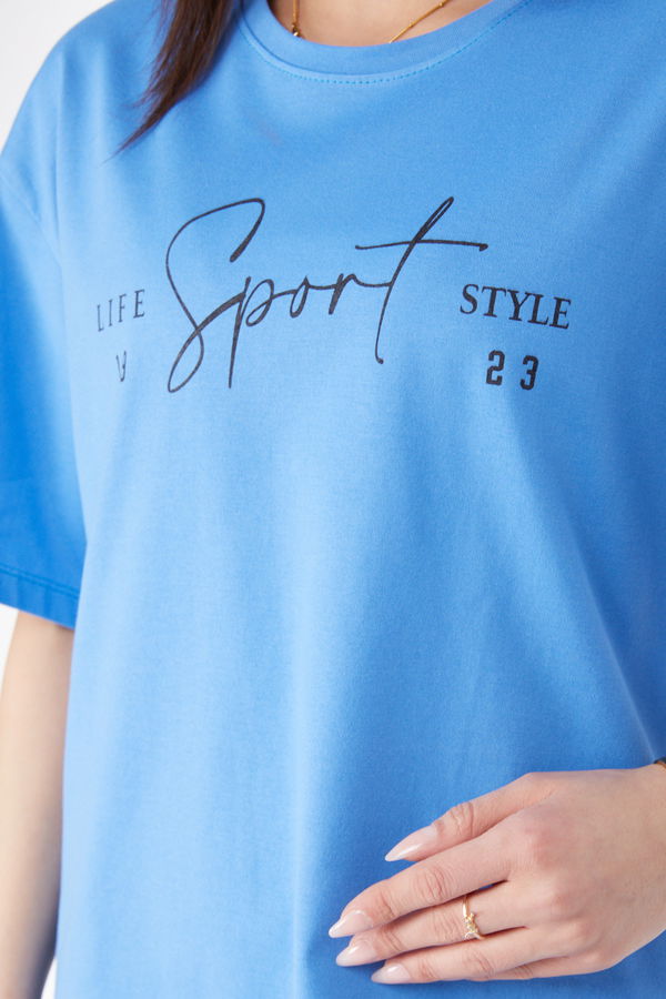 Kısa Kollu Baskılı T-shirt Mavi - 24649