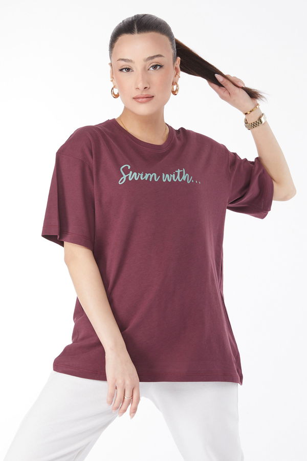 Kısa Kollu Baskılı T-shirt Bordo - 24650