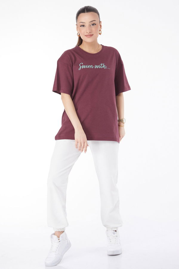 Kısa Kollu Baskılı T-shirt Bordo - 24650