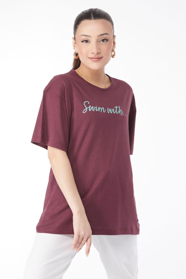 Kısa Kollu Baskılı T-shirt Bordo - 24650