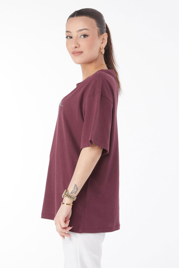 Kısa Kollu Baskılı T-shirt Bordo - 24650