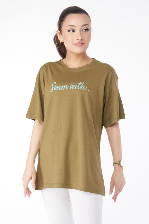 Kısa Kollu Baskılı T-shirt Haki - 24650