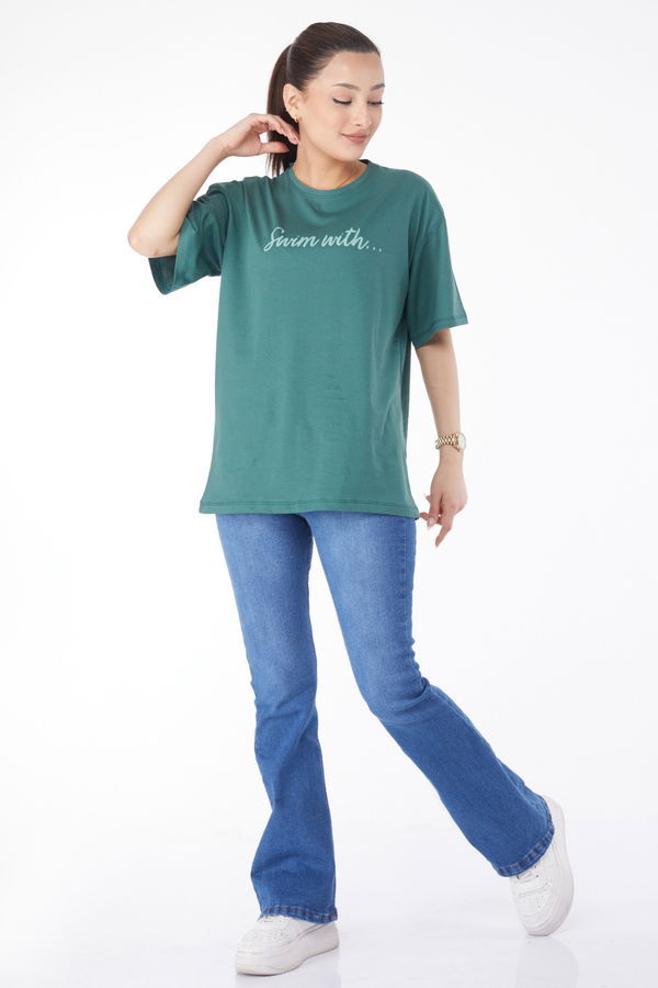 Kısa Kollu Baskılı T-shirt Yeşil - 24650 YEŞİL
