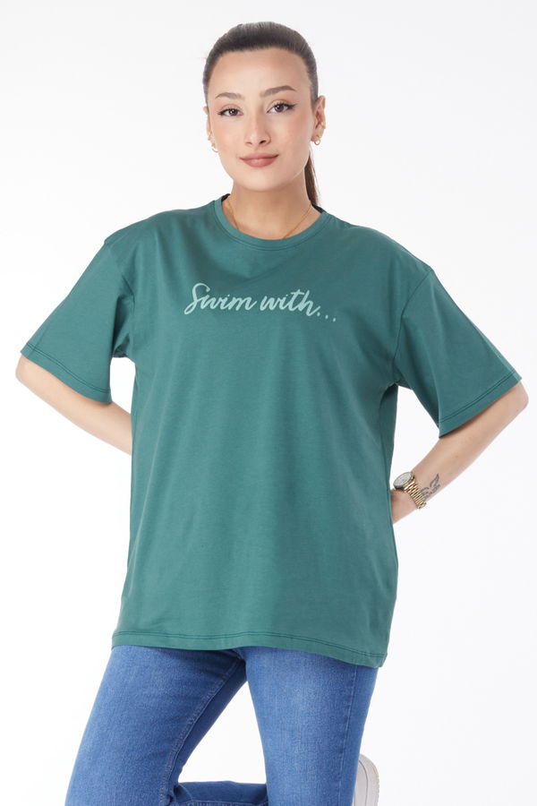 Kısa Kollu Baskılı T-shirt Yeşil - 24650 YEŞİL
