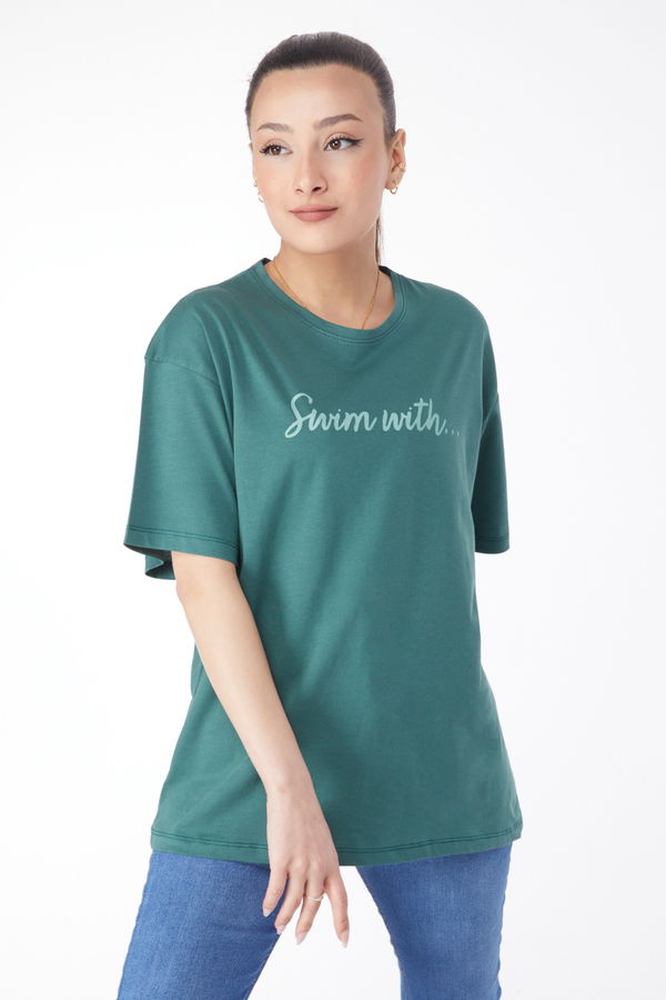 Kısa Kollu Baskılı T-shirt Yeşil - 24650 YEŞİL