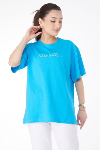 Kısa Kollu Baskılı T-shirt Mavi - 24651