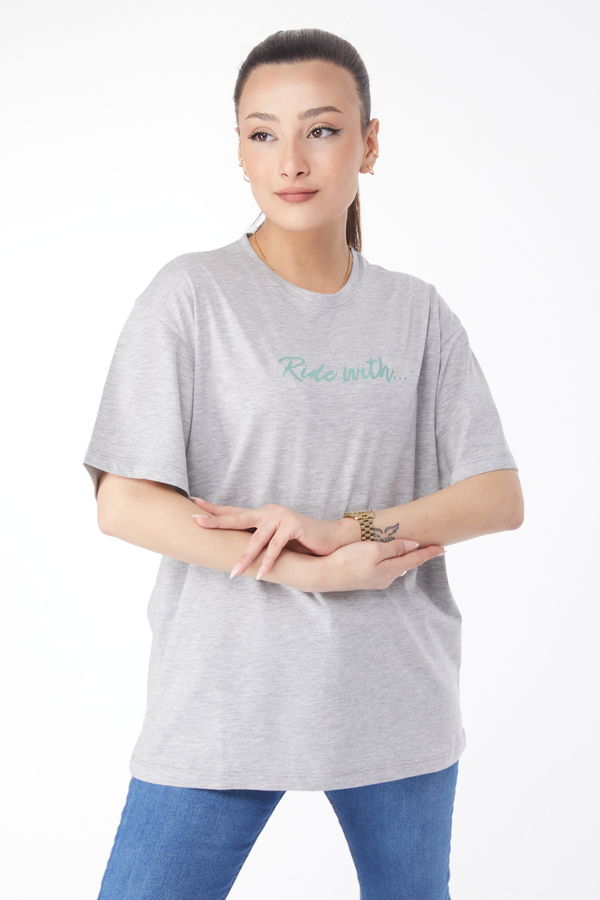 Kısa Kollu Baskılı T-shirt Gri - 24651 GRİ