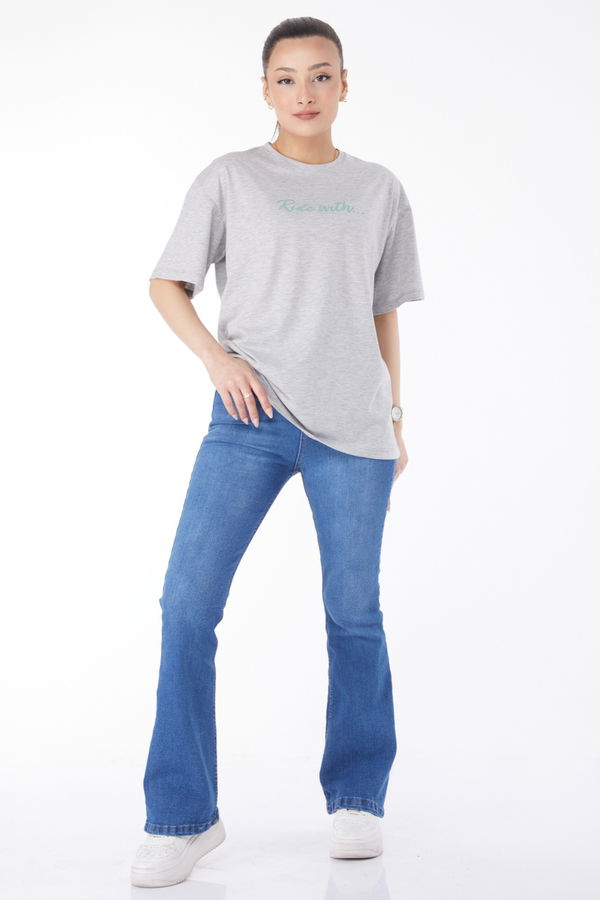 Kısa Kollu Baskılı T-shirt Gri - 24651 GRİ