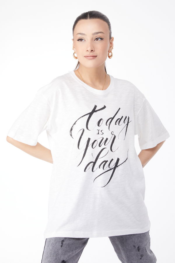 Kısa Kollu Baskılı T-shirt Beyaz - 24652