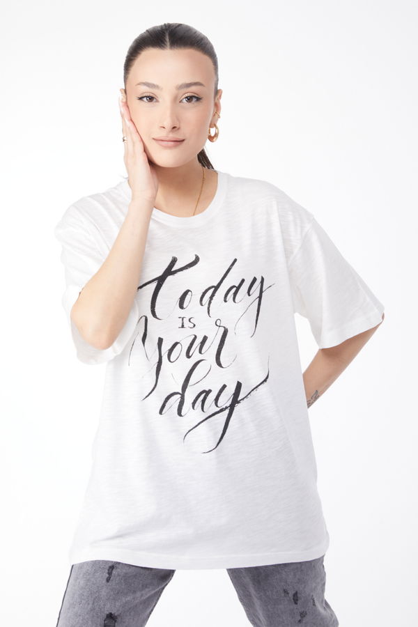 Kısa Kollu Baskılı T-shirt Beyaz - 24652