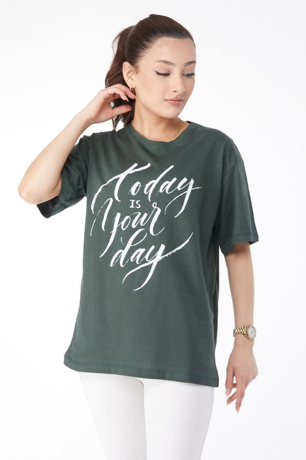 Kısa Kollu Baskılı T-shirt Haki - 24652