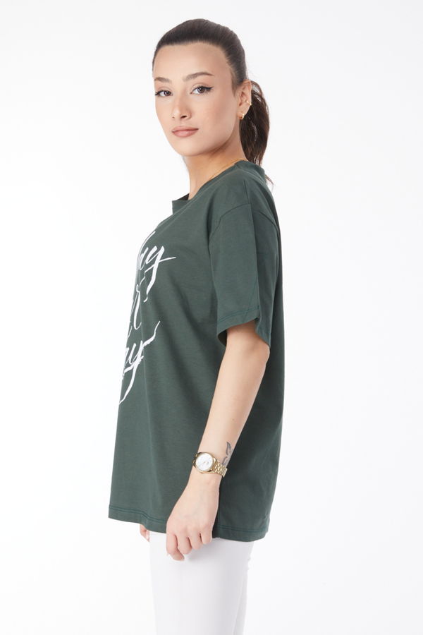 Kısa Kollu Baskılı T-shirt Haki - 24652