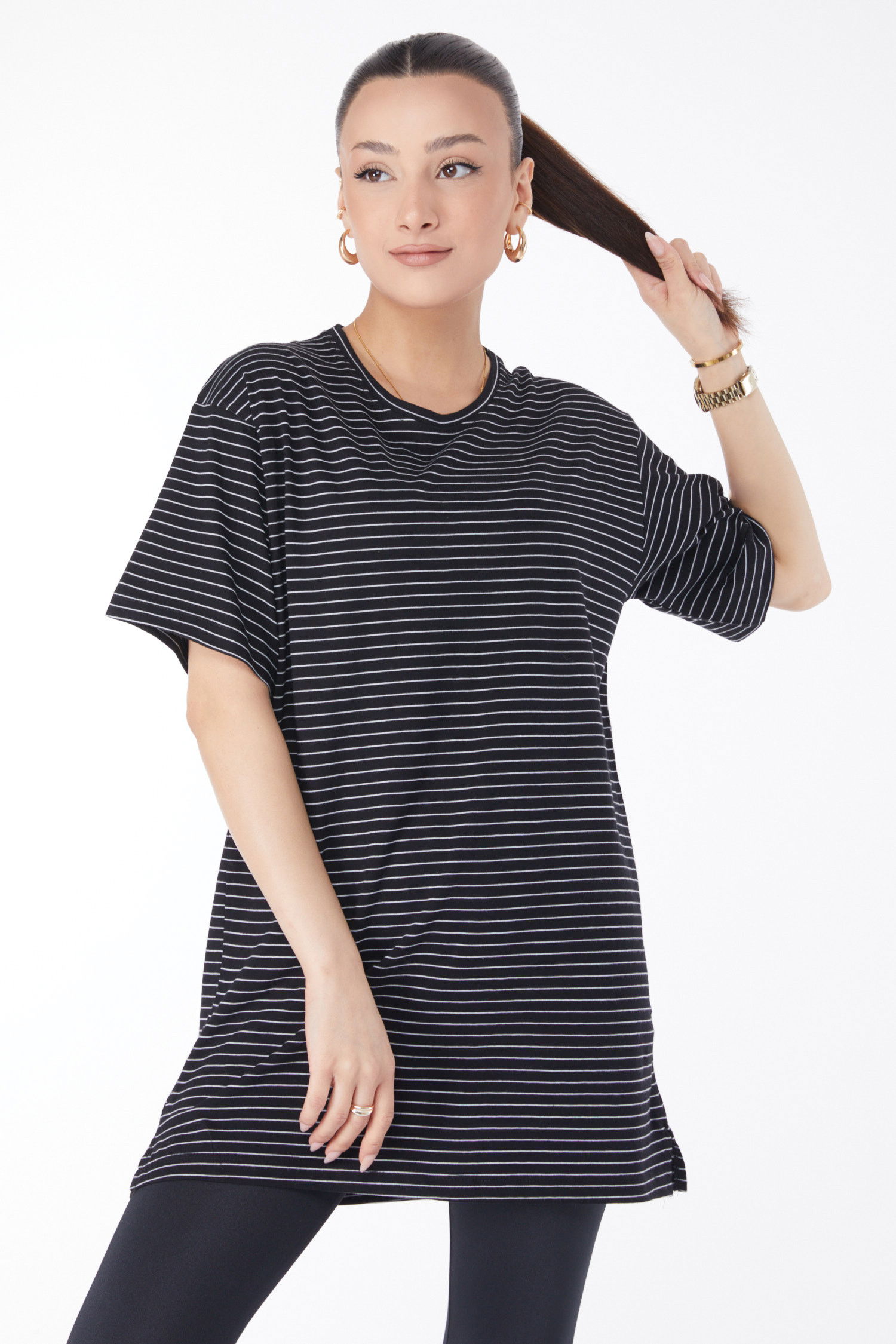 Kısa Kollu Çizgili T-shirt Siyah - 24655 SİYAH