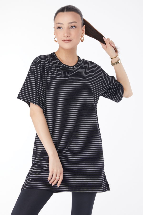 Kısa Kollu Çizgili T-shirt Siyah - 24655 SİYAH
