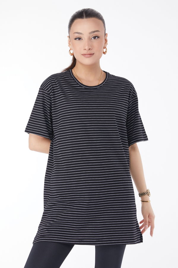 Kısa Kollu Çizgili T-shirt Siyah - 24655 SİYAH