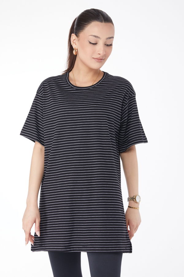 Kısa Kollu Çizgili T-shirt Siyah - 24655 SİYAH