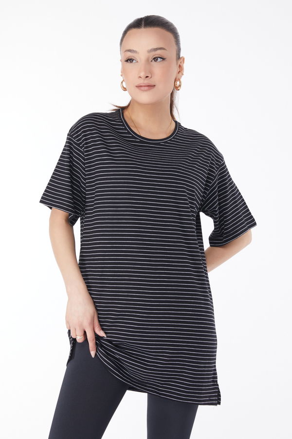 Kısa Kollu Çizgili T-shirt Siyah - 24655 SİYAH