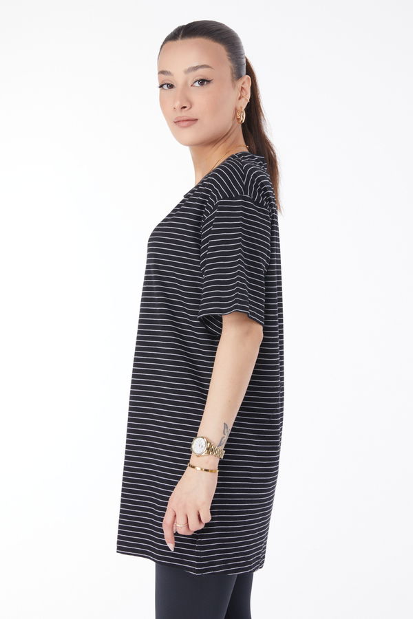 Kısa Kollu Çizgili T-shirt Siyah - 24655 SİYAH