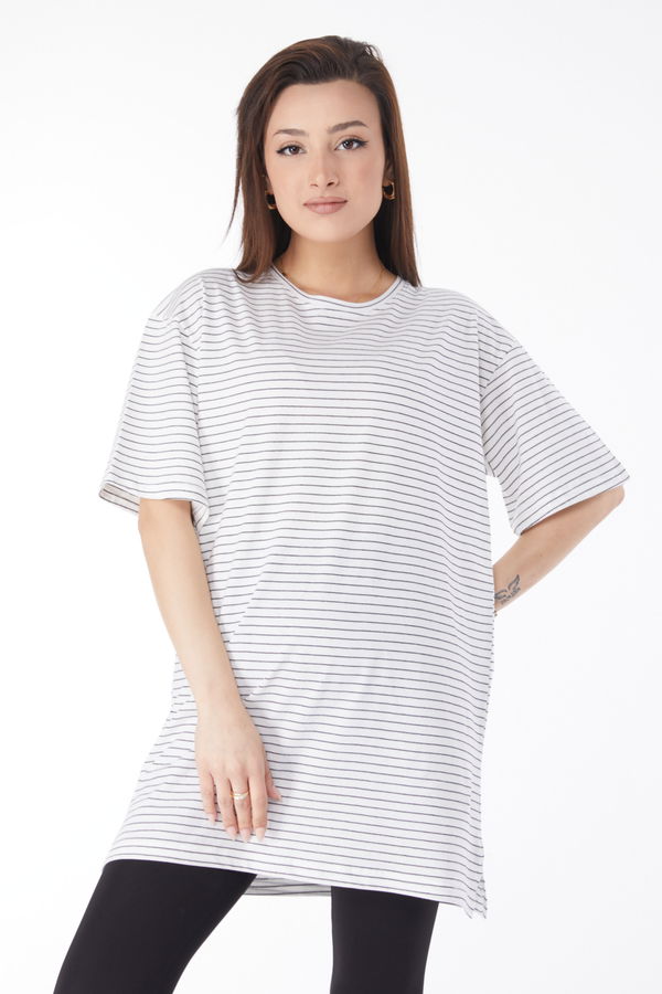 Kısa Kollu Çizgili T-shirt Beyaz - 24655 BEYAZ