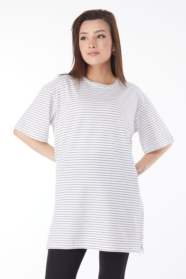 Kısa Kollu Çizgili T-shirt Beyaz - 24655 BEYAZ