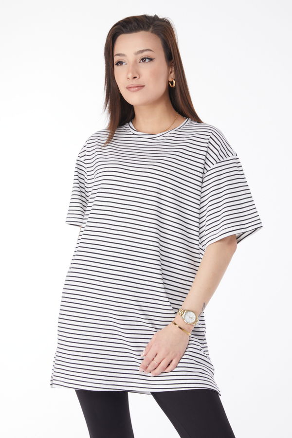 Kısa Kollu Çizgili T-shirt Beyaz - 24656
