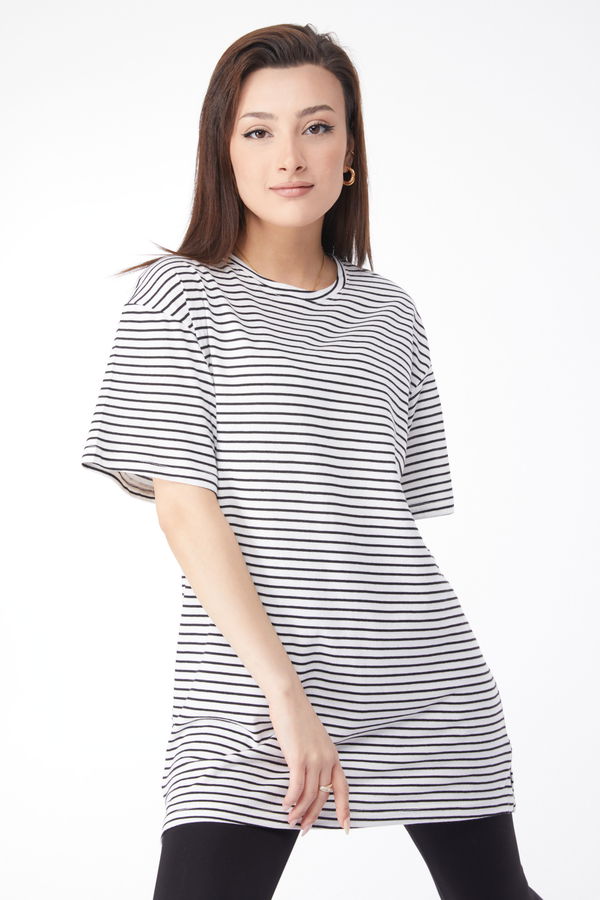 Kısa Kollu Çizgili T-shirt Beyaz - 24656