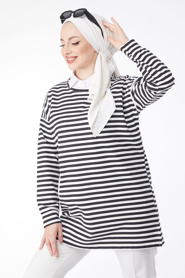 Uzun Kollu Çizgili Tunik Beyaz - 24658