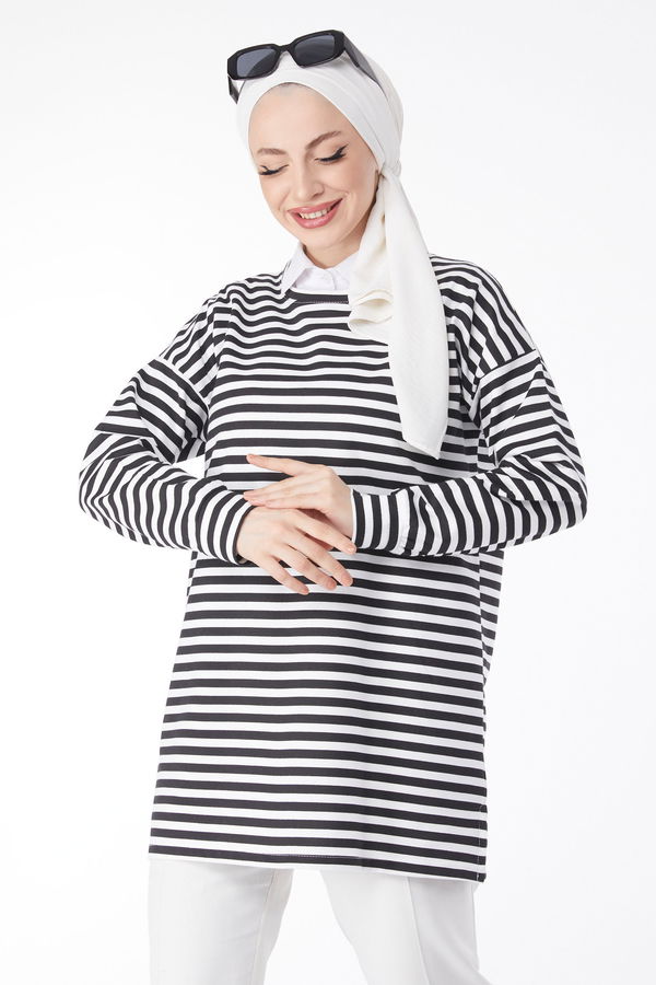 Uzun Kollu Çizgili Tunik Beyaz - 24658