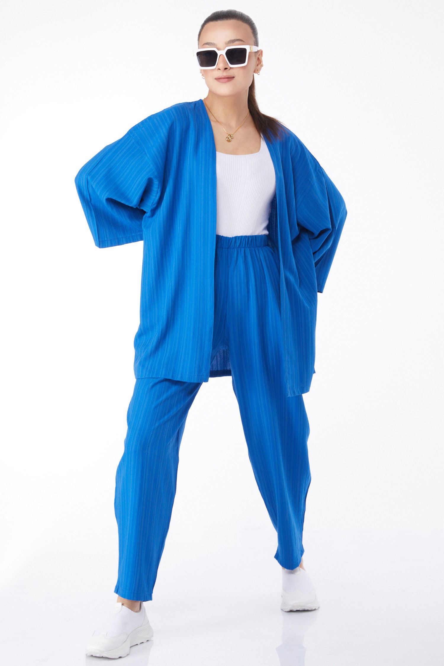 Kimono Pantolon İkili Takım Mavi - 24679