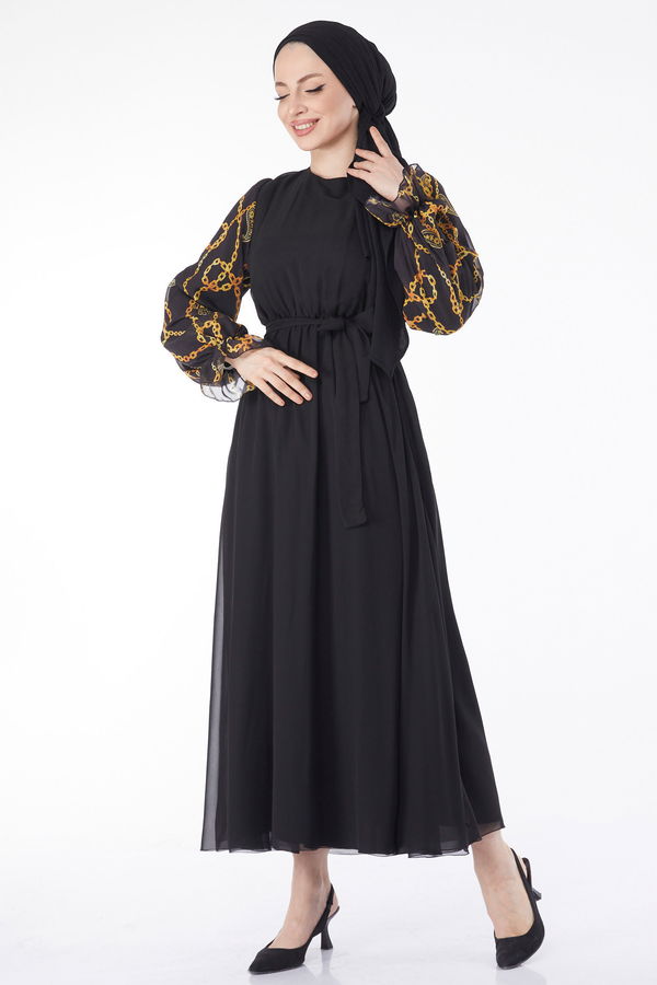 Zincir Desenli Şifon Elbise Sarı - 24715 Sarı