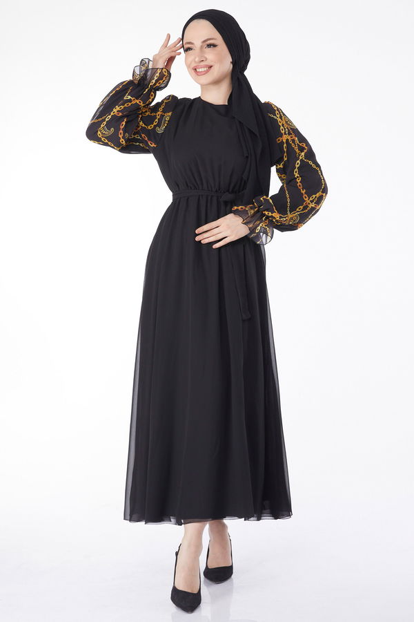Zincir Desenli Şifon Elbise Sarı - 24715 Sarı
