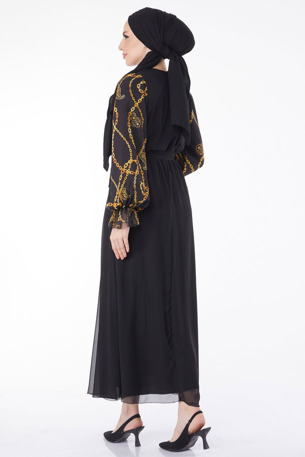 Zincir Desenli Şifon Elbise Sarı - 24715 Sarı