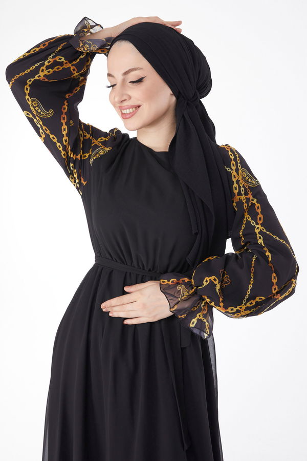 Zincir Desenli Şifon Elbise Sarı - 24715 Sarı
