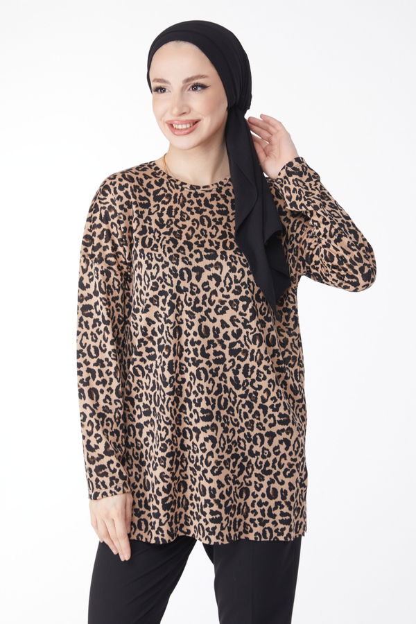 Leopar Desenli Bluz Vizon - 24736