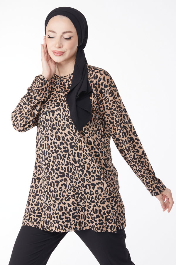 Leopar Desenli Bluz Vizon - 24736
