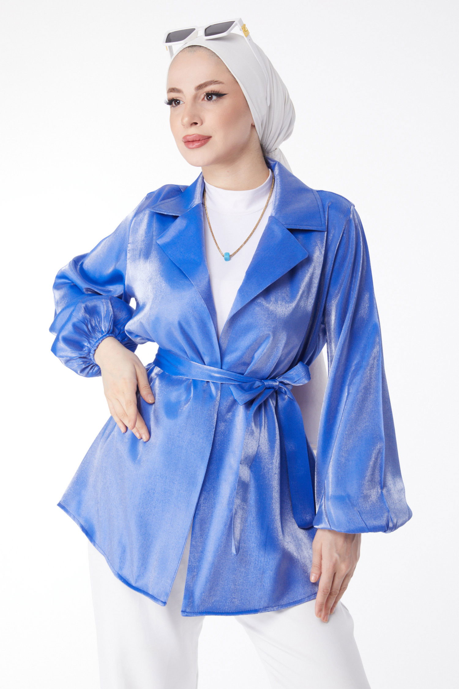 Parlak Detaylı Kuşaklı Ceket Mavi - 24752 MAVİ