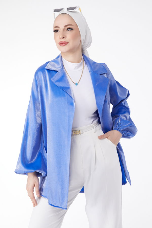 Parlak Detaylı Kuşaklı Ceket Mavi - 24752 MAVİ