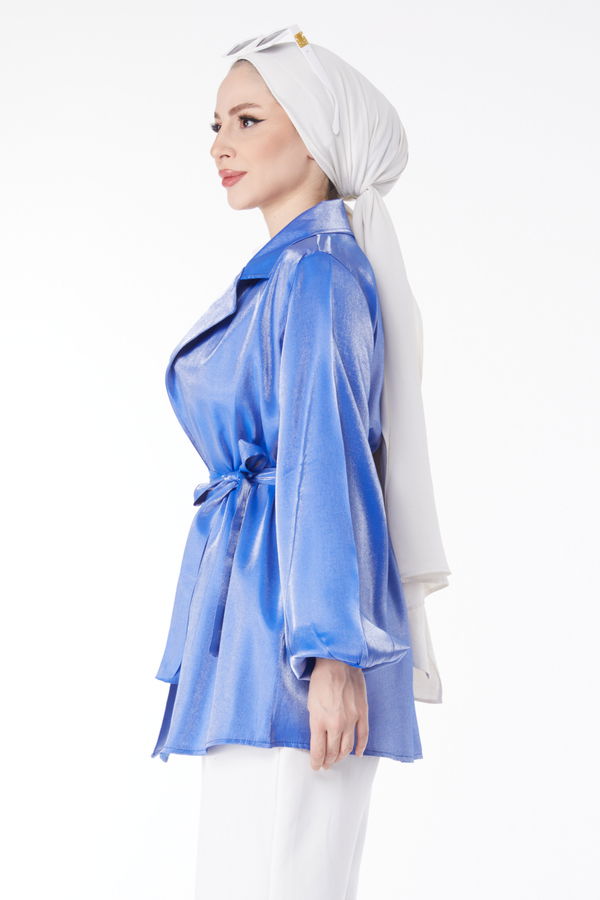 Parlak Detaylı Kuşaklı Ceket Mavi - 24752 MAVİ