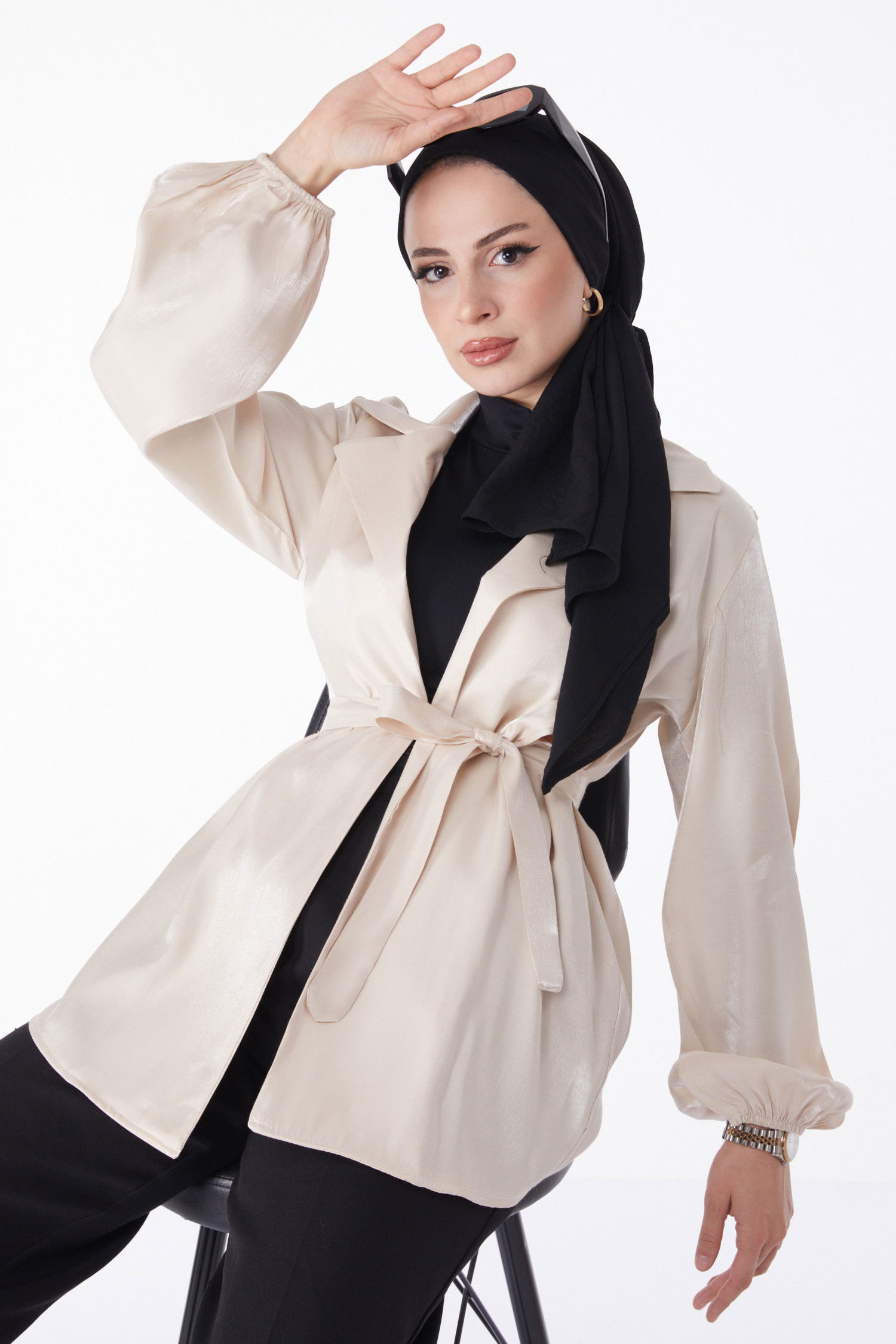 Parlak Detaylı Kuşaklı Ceket Bej - 24752