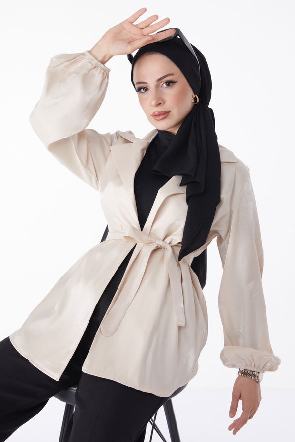 Parlak Detaylı Kuşaklı Ceket Bej - 24752