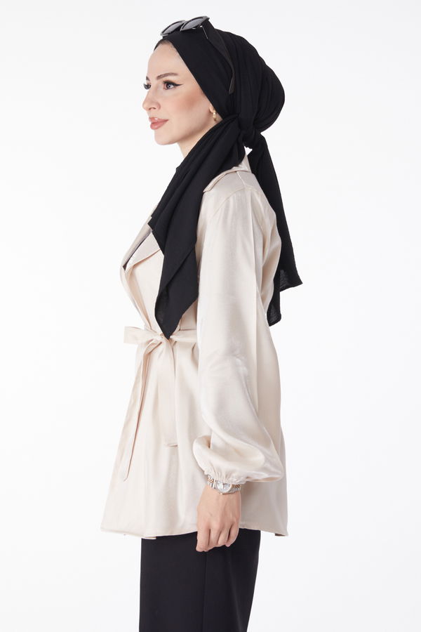 Parlak Detaylı Kuşaklı Ceket Bej - 24752