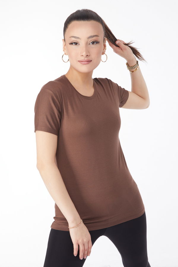 Kısa Kollu Baskısız T-shirt Kahverengi - 24764